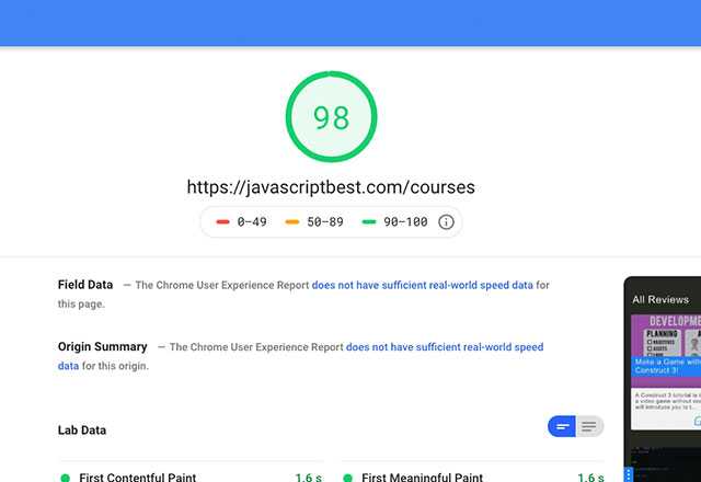 website speed test result 98 point